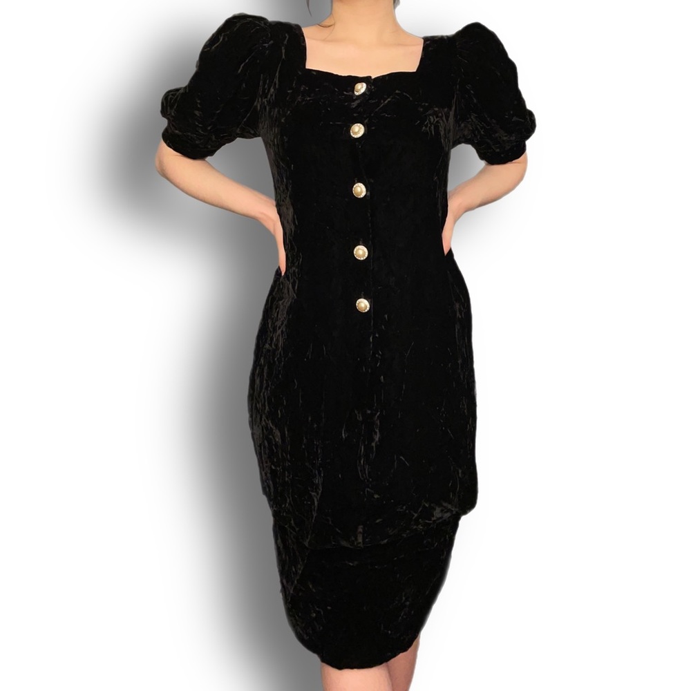 vintage 80s puff sleeve faux pearl midi dress